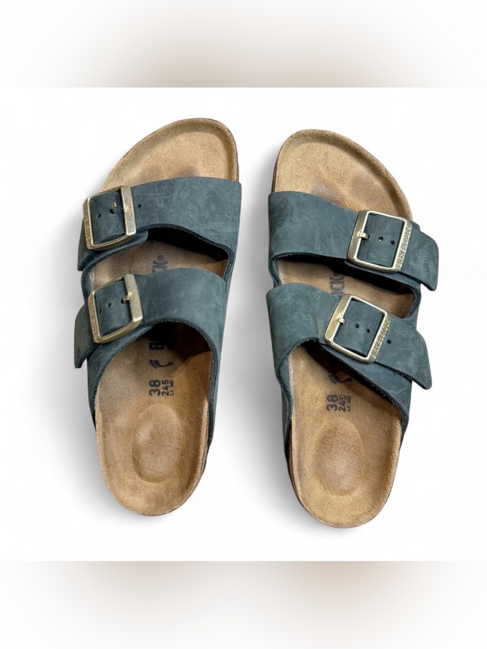 Birkenstock Women's Two-Strap Sandals in Dark Teal with Brass Buckles
